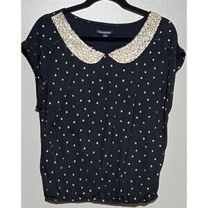 American‎ Eagle Size Medium Gold Star and Sequin Collar short sleeve shirt Black